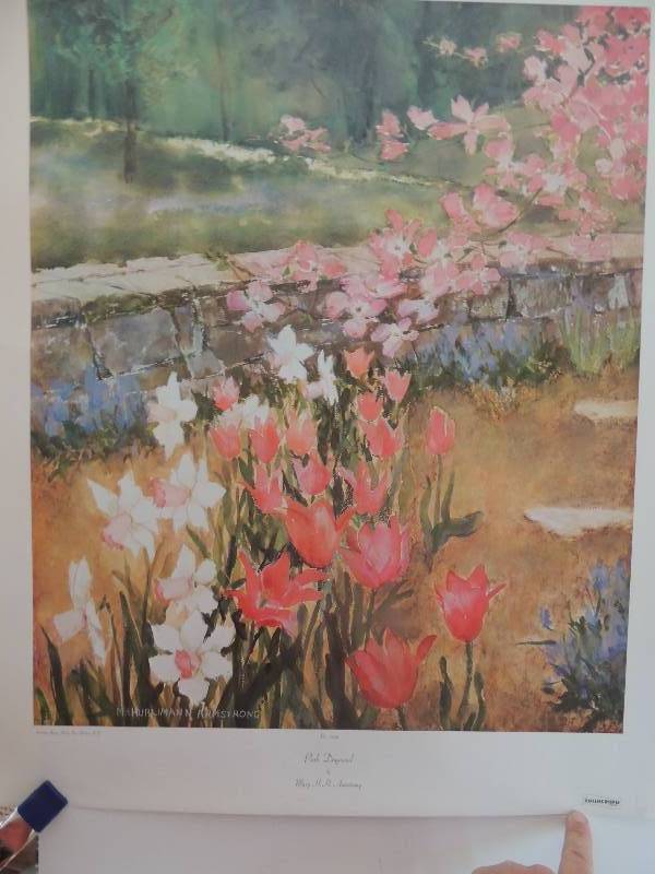 lot 139 image: Mary H.H. Armstrong-Pink Dogwood plate #1604 29 x23.     Daryl Trott- the Charlie Betts Camilla 31x23 .     Lela Desire Platt- Close to Spring 20x24  .    Robert White- Sterling Rose signed 25 x 19