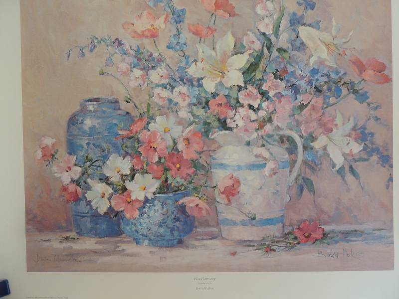 lot 140 image: Barbara Mock- Blue Harmony (LE) 2981250 signed 2430.     Garden Iris 13821980 LE signed 24 12 x 31 12.       Lena Liu- Spring Garden 1495000 signaled