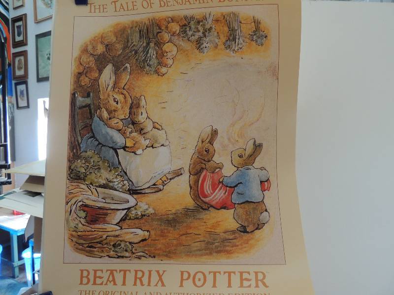 lot 144 image: Beatrix Potter- The Tale of Peter Rabbit Poster 20x16.      M. Zapp (Marilyn Zapp)Little Boy With Puppy   24x18 327550.         Lola Rose 1993 Rose Kennedy Bless Mommy & Daddy 18 x24