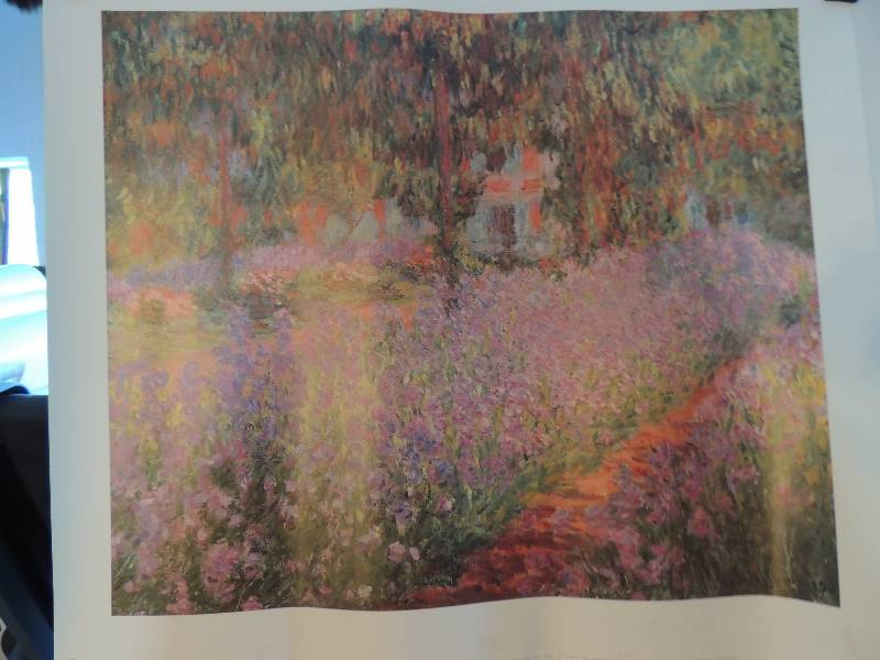 lot 162 image: Claude Monet- Garden in Giverny 22x24.    Carolyn Shores Wright- Peonies 1811950 signed 12x20.     Donna Barton- Pink Flora. 17x22.