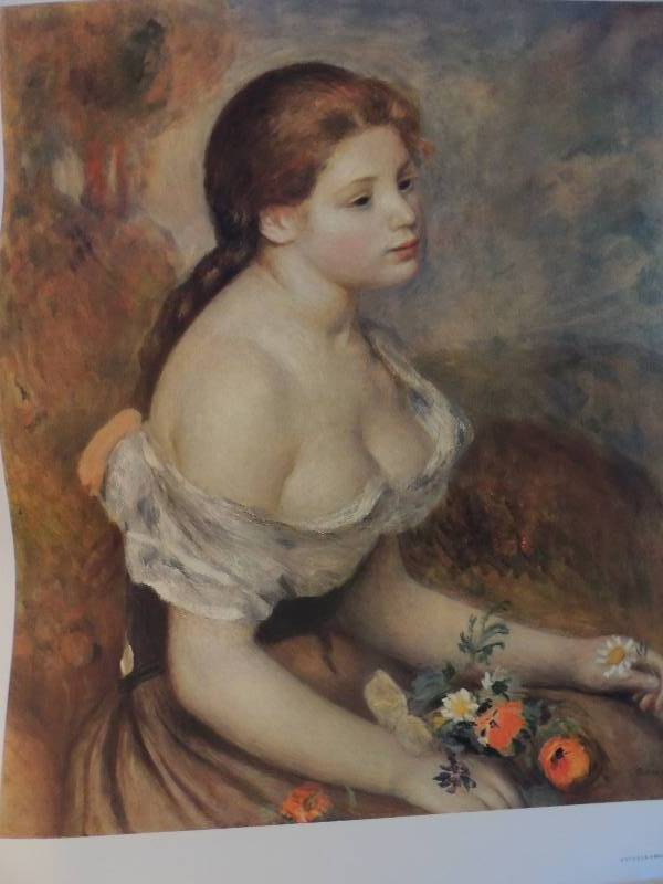 lot 169 image: Auguste Renoir- Jeune Fille Aua Fleurs (printed in France) 26x22.      Frances Boucher- Allegory of music 22 12 x28