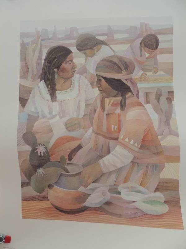 lot 171 image: Karen Brueggeman-- San Jose Cretonne Artist Proof 30x21.    Cespedes- Community- Native American Art 25x19.    Peter Wong- DESERT Bouquet Signed 25x19