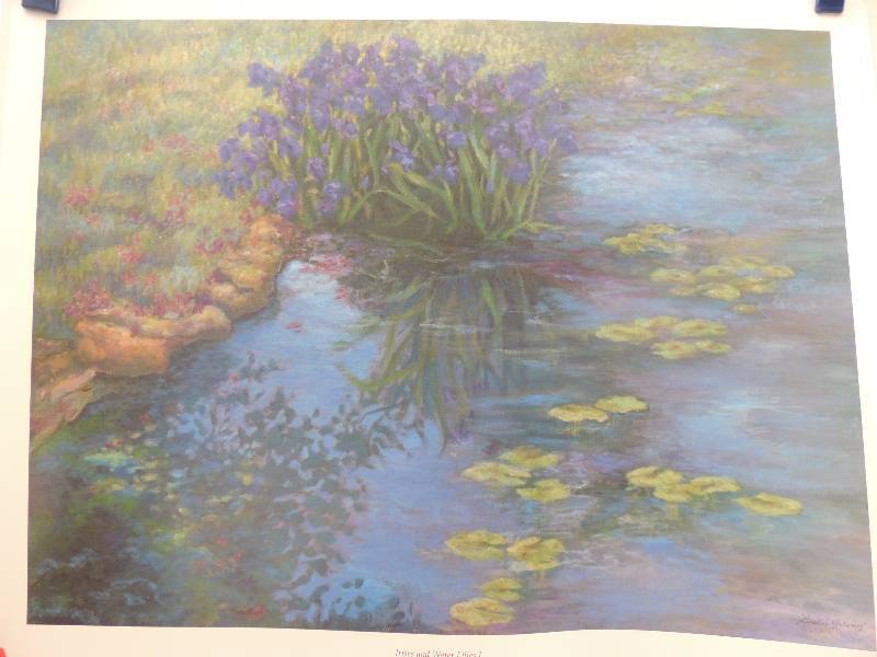 lot 172 image: Leslie Young- Irises and Water Lilies I signed 21x26.      Garden Gate 21x26