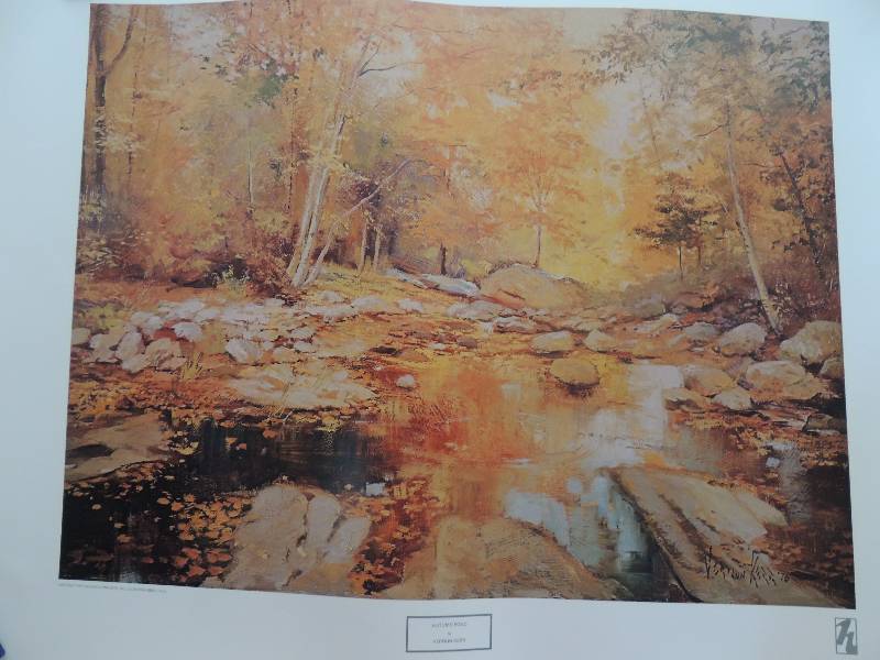 lot 173 image: Vernon Kerr- Autumn Pond 22x29.    Ken Davies- Gisler Mallard 23x34.   Marlene Cohen- Lakeside II signed 20x26