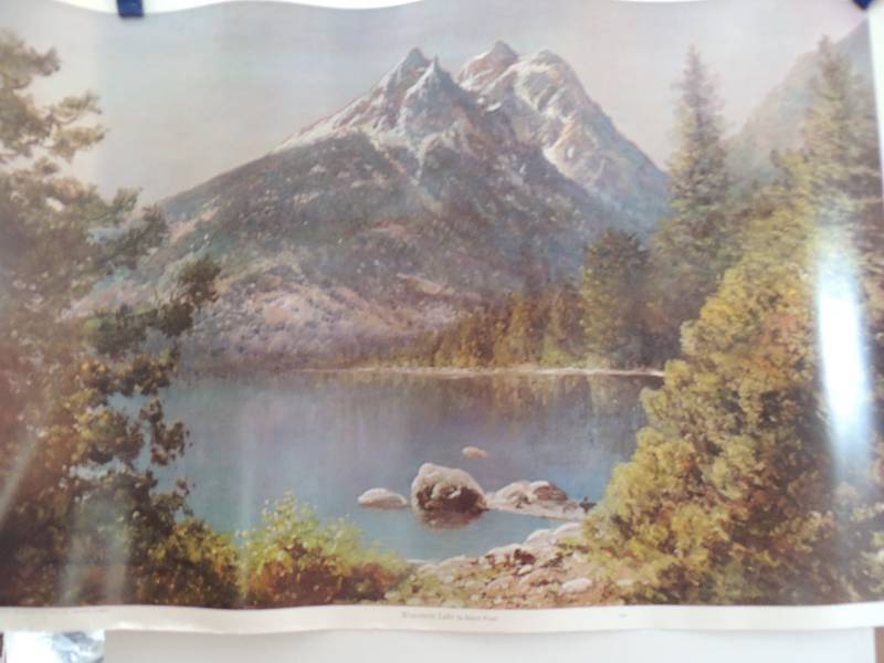 lot 174 image: Robert Wood- Mountain Lake 26x38.     P. Solinias - Country Meadow 17x22.    William mangum- Old Glory 4541000 SN 16x 11 12