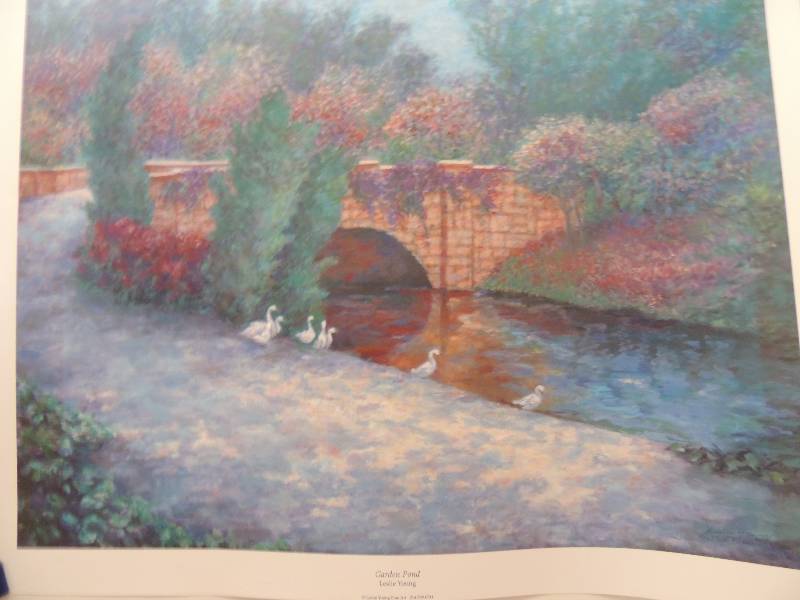 lot 186 image: Leslie Young- Garden pond 20x26.   Irisis and Water Lillies II.      Barbara Mock- Summers Past 18811900 SN 24x30