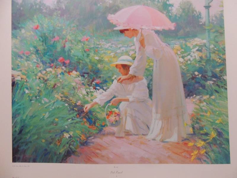 lot 189 image: Ron McKee- Pink Parasol 26x37.     Bouquet 26x37.     Peter Wong -Festival of Flowers II signed 19x25.