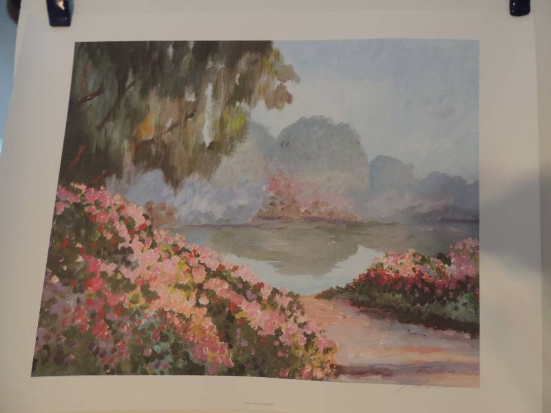 lot 190 image: Robert White- Fantasy Lake litho signed 19x25.   Fantasy Lake II litho signed 19x25.    Sarah Lewis- Scarlet Ribbons 19x25.     Marlene Coheen- Lake Side I 23x26
