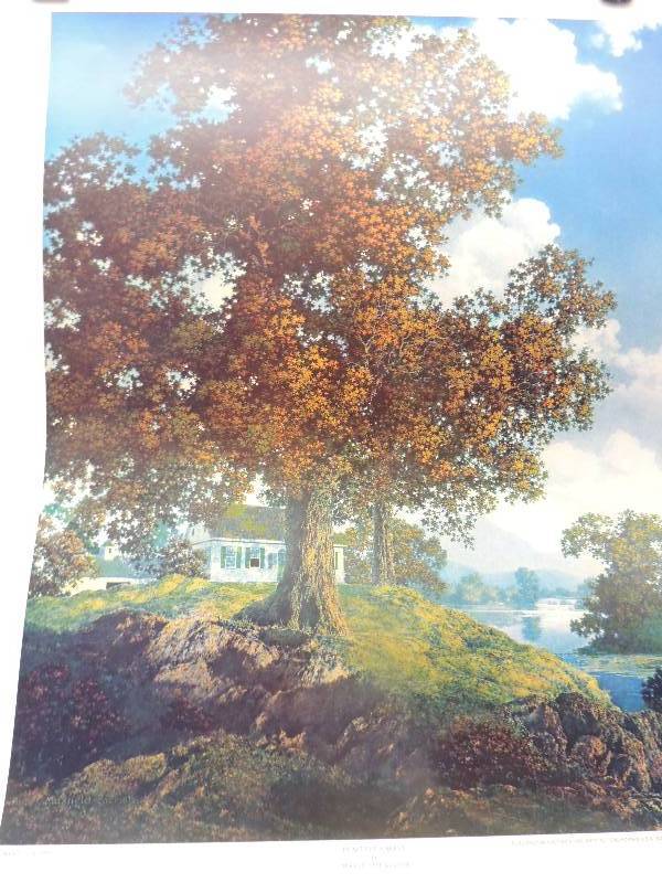 lot 195 image: Maxfield Parrish- Peachful Valley 4377 23x21.    Sherry Masters- Country Home 20x26.     Lee K. Pankinson- A Time of Autumn 20x26