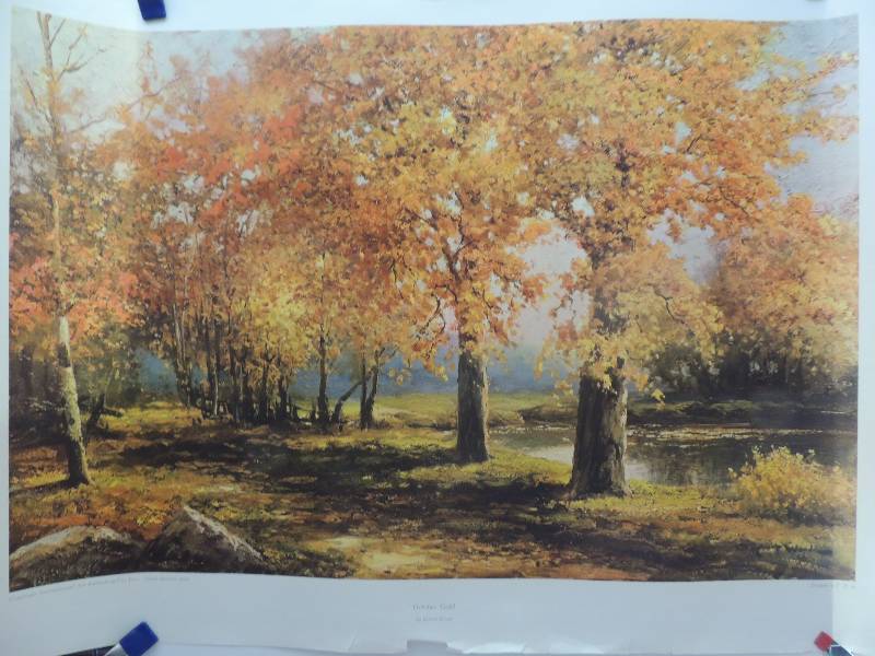 lot 197 image: Robert Wood- October Gold 29x40.     Michel Brevard - Sunlit Terrace 8389 printed in Switzerland 32x24