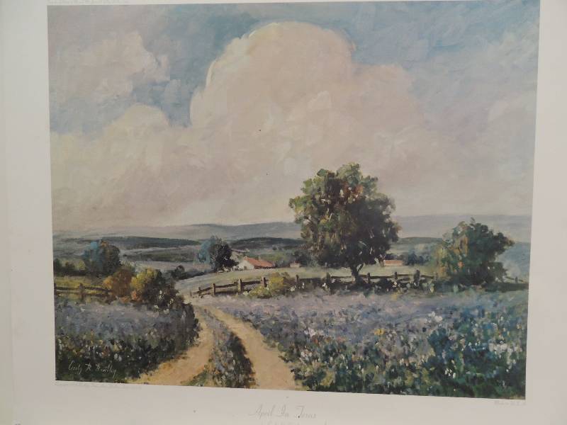 lot 198 image: Cody Bentley- April in TEXAS  (Bluebonnets) 20x24.   Henry J. Boddington- Stopping At The Inn 25x27