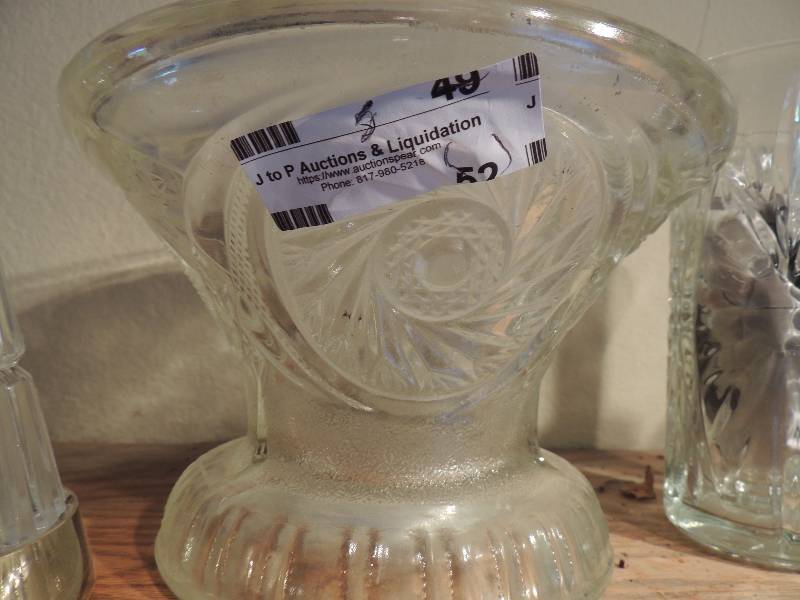 lot 52 image: Glass salad bowl,  glass slim neck vase, 2 milk jars