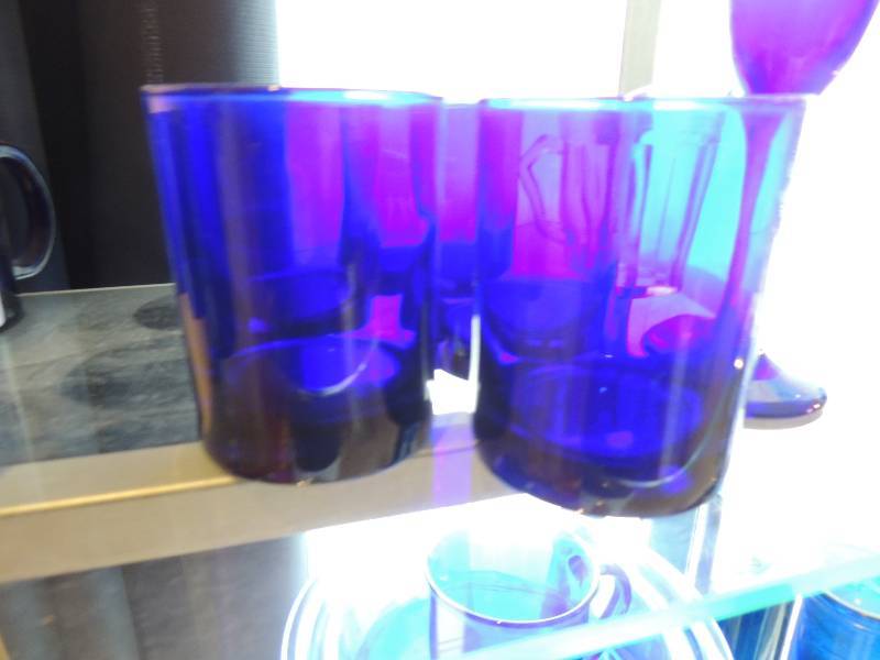 lot 74 image: Cobalt blue- coffee mugs, 5 glasses, wine glass and cup