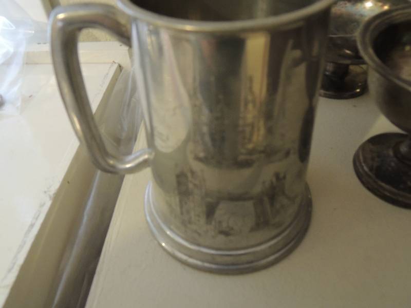 lot 156 image: Silver-plate teapot 6 12, pewter Sheffield England cup,  etc.