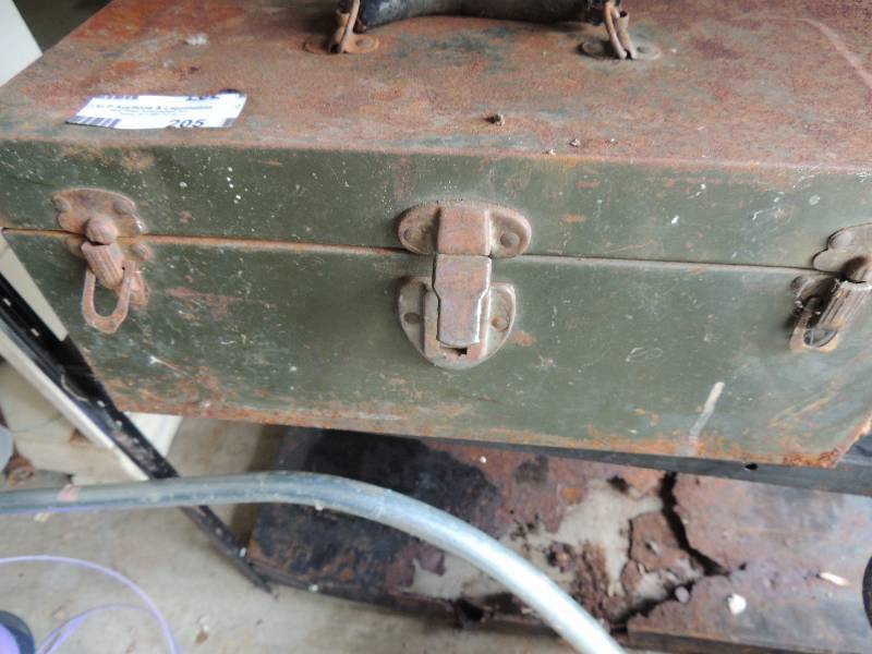 lot 205 image: Metal tool box with assorted tools
