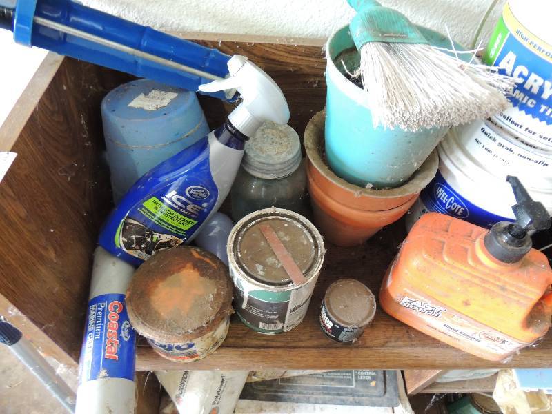 lot 221 image: wood shelf 32 x 13 x 42  AND  floor tile, adhesive, grout, touch up paint, Kilz, hand cleaner etc.