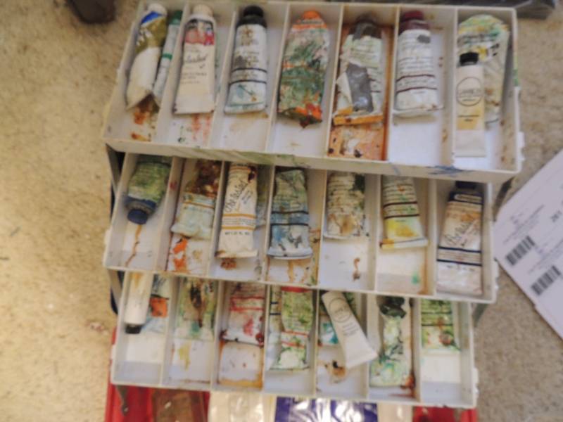 lot 262 image: Adventure Tool box paint box with an abundance of good oil paints Grumbacher brand
