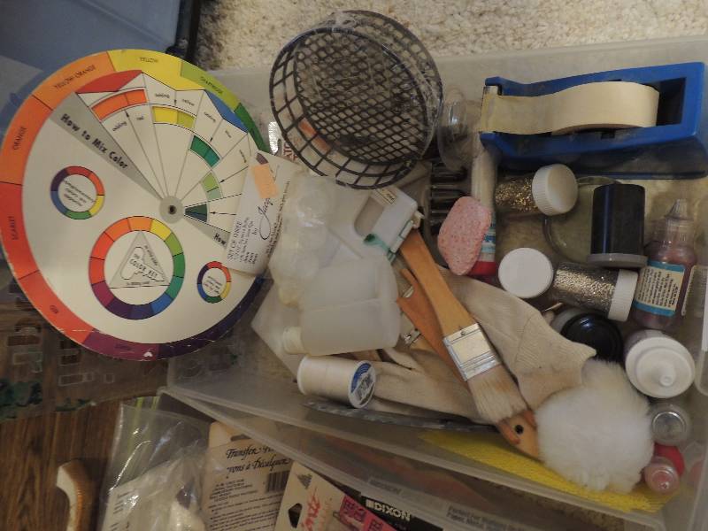 lot 254 image: Artist lot- pallet, new and used color wheel, brush cleaner, fabric paint, metal trowel,, tape sponges,etc.