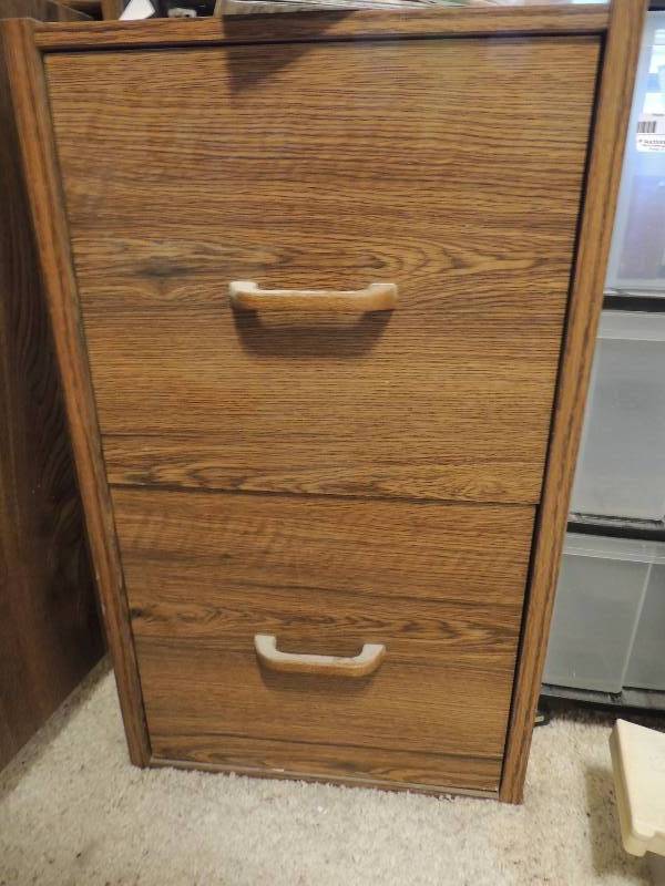 lot 249 image: 2 drawer wood file cabinet with hanging folders
