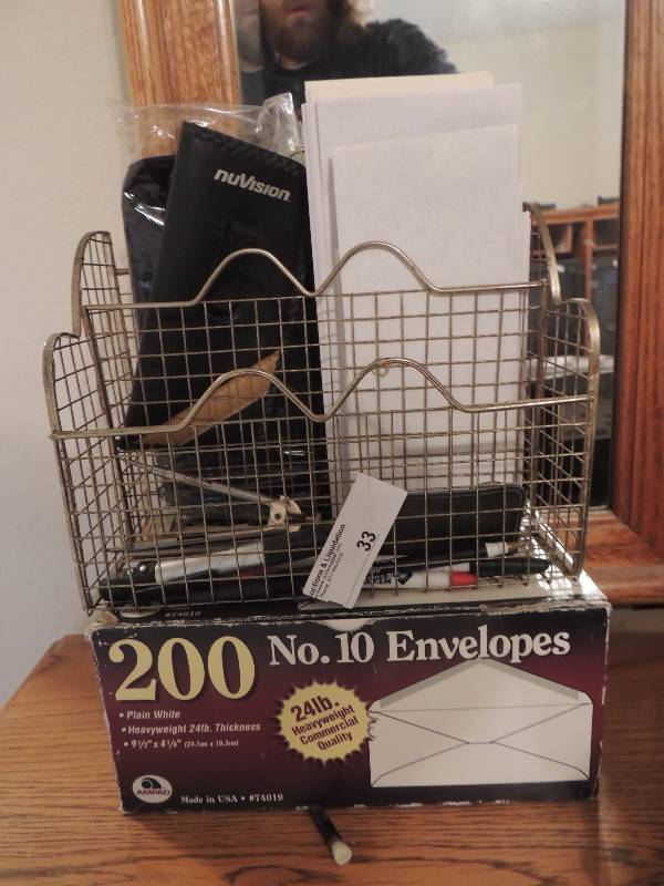 lot 33 image: Silver desk top mail storage,  box of 20 #10 envelopes