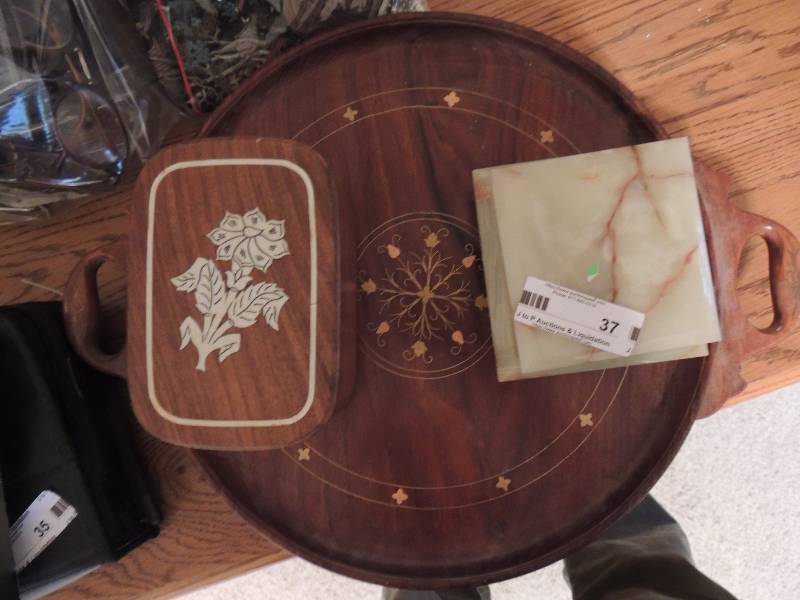 lot 37 image: Marble trinket box, wooden box with inlay, 15 serving tray with inlay