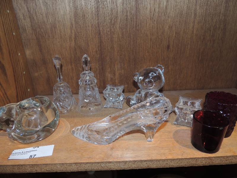 lot 57 image: Figurines - GLASS SHOE, GLASS CAT,  2 STAR CANDLE HOLDERS, BELLS