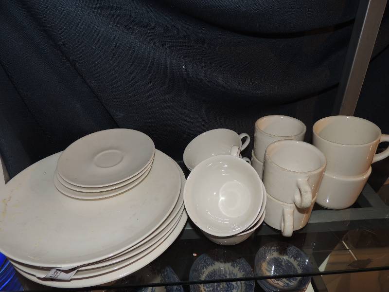 lot 88 image: Triumphant Fine China- Snow white 3 saucers, 4 dinner plates, 4 teacups, Homer Laughlin  coffee cups x 6