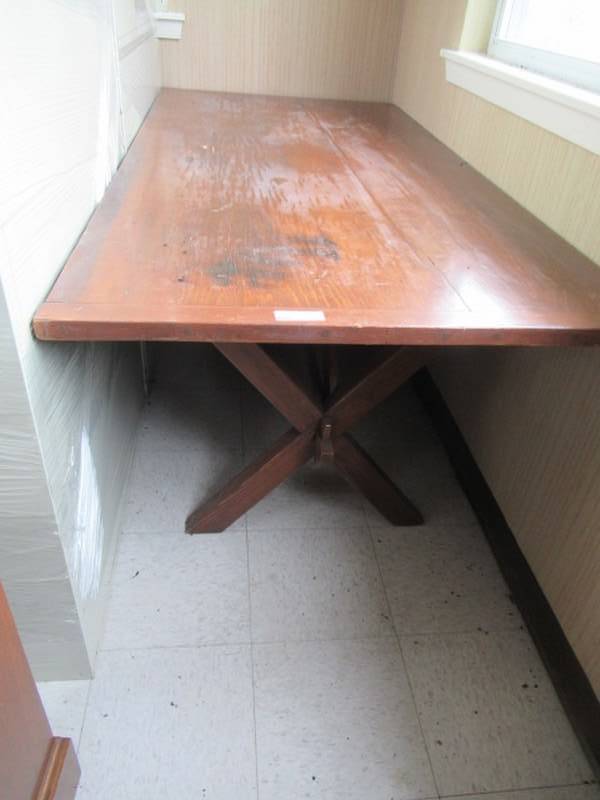 lot 58 image: WOODEN PICNIC TABLE WITH 2 BENCH SEATS