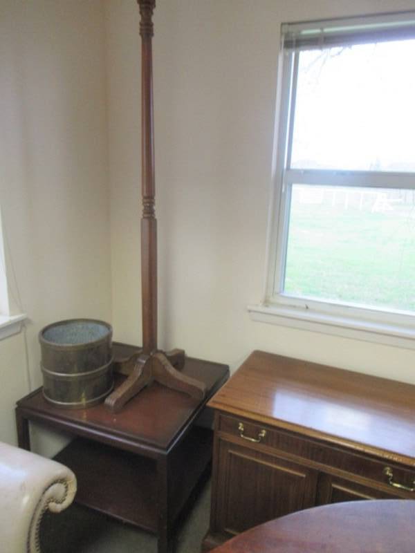lot 122 image: SOLID WOOD TABLE, COAT RACK AND PLANTER