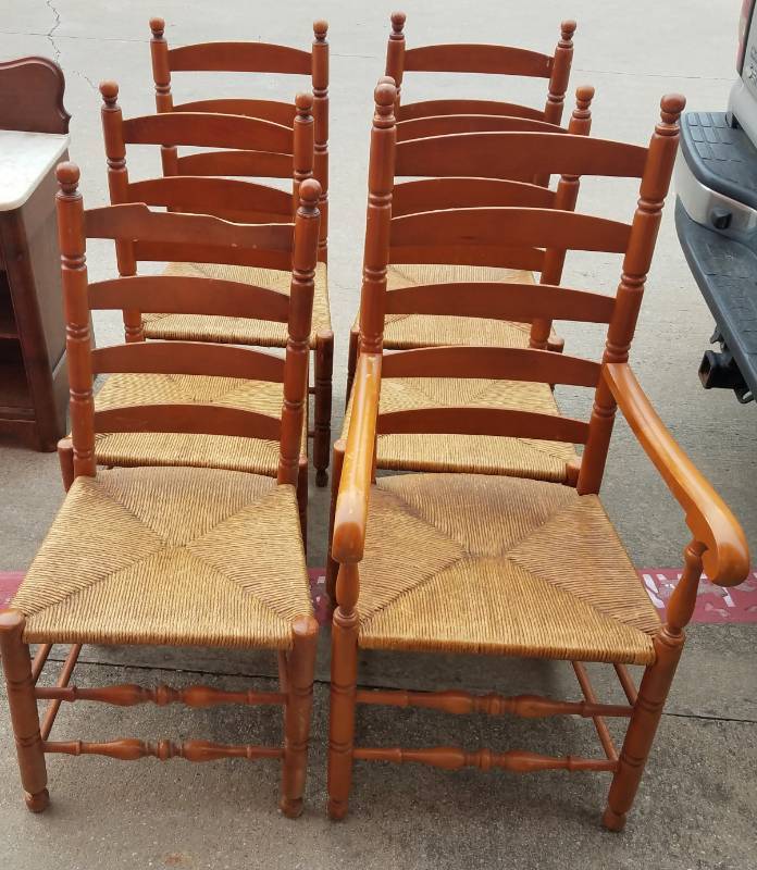 lot 61 image: VINTAGE LADDER BACK CHAIRS WITH RUSH SEATS
