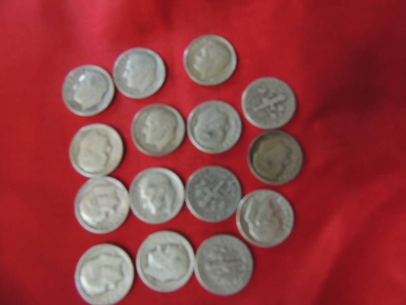 lot 149 image: Roosevelt dimes 1953 S x 2, 1951 S x 1, 1951D x 2, 1951 x1, 1954D x 2, 1957D x 1, 1956D x 3, 1955D x 1, 1959D x 1,1959 x 1