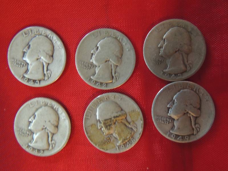 lot 28 image: Washington Quarter Dollar 1942, 1942, 1943, 1943, 1948, 1949. Total 6
