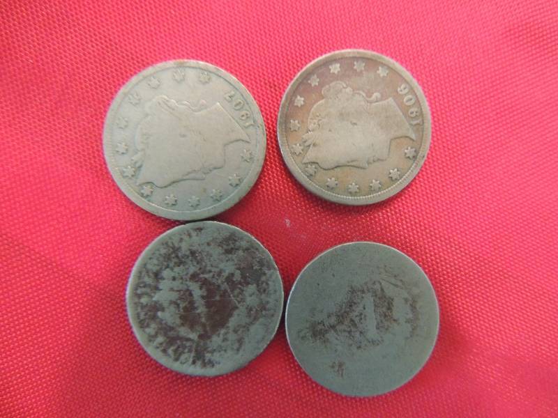 lot 115 image: Liberty V nickel 1897, 1907, 1906, and one with no date