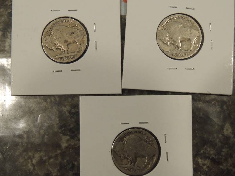 lot 204 image: Buffalo nickels  qty x 3 ( cannot determine dates)