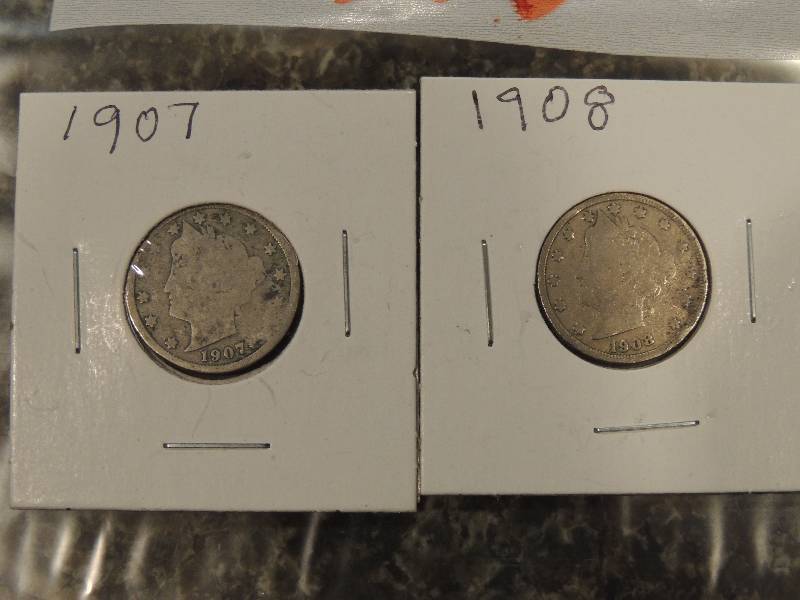 lot 205 image: Liberty head nickel 1908 (nice coin) & 1907