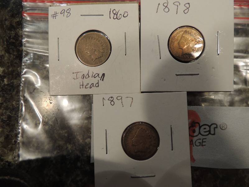 lot 209 image: Indian Head Pennies  1897, 1860, 1898 all crisp dates