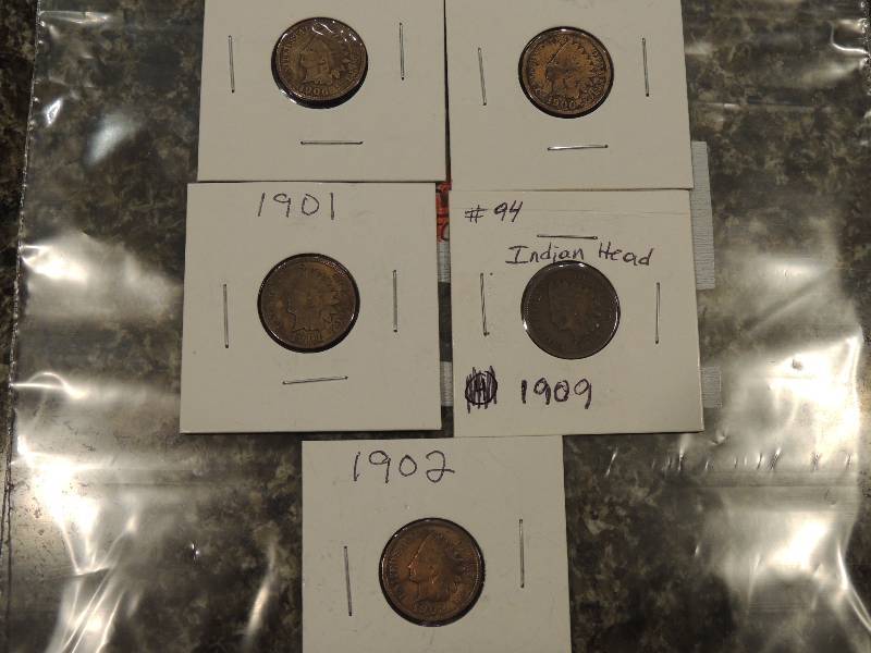 lot 213 image: Indian Head Pennies   1901, 1906, 1900, 1909, 1902. Nice coins clean dates