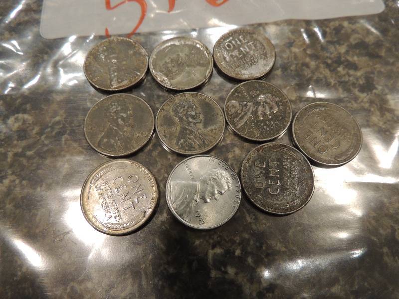 lot 216 image: Steel pennies Wheat 1943 & 1943 D x 10. One is brilliant