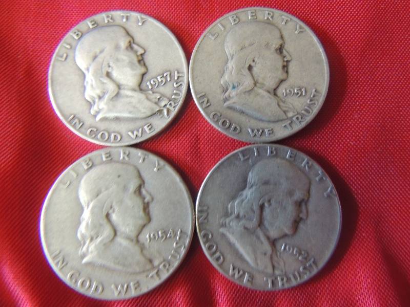 lot 185 image: Franklin half dollar- 1951, 1952, 1954, 1957