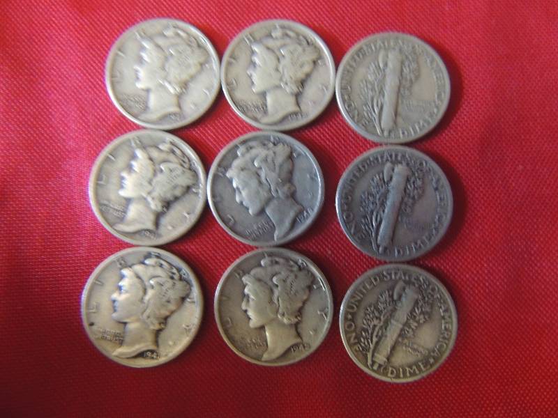 lot 187 image: Mercury head Dimes 1942 x 9