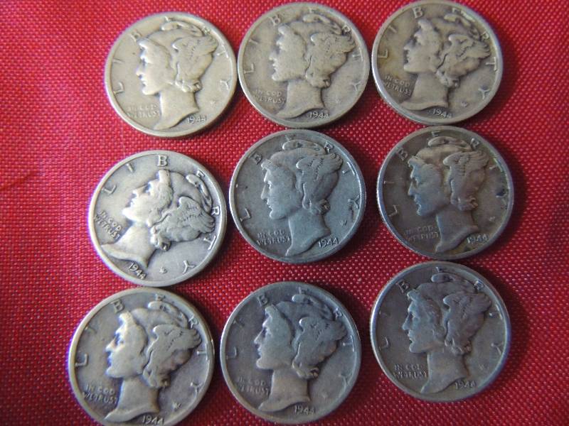 lot 189 image: Mercury head Dimes 1944 D x 9