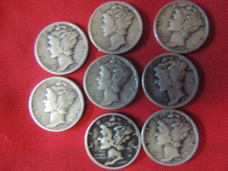 lot 190 image: Mercury head Dimes 1942 x 2, 1943 x 1, 1944 x 2, 1945 x 2, 1947 x 1