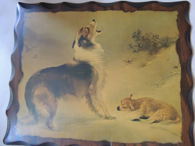 collie and lamb in snow painting