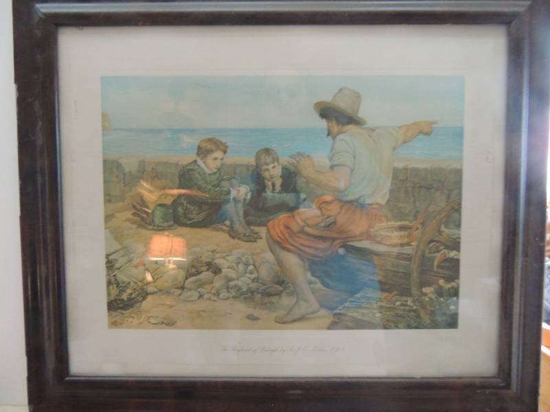 lot 32 image: Sir J.E Millais PRA   Lithograph on canvas with 1870 royal crown seal The Boyhood of Raleigh F 19x23