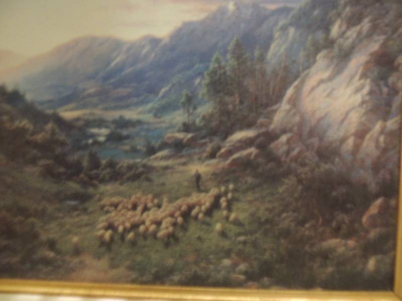 lot 61 image: Artist Unknown Printed on canvas Sheep and mountains F 15x18
