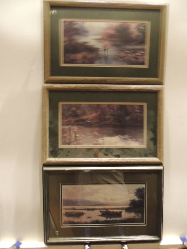 lot 65 image: 3 pieces all same artist (illegible) Fishing subjects F 12x18