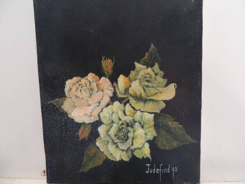 lot 82 image: Jude fine 1992 original oil on stretched canvas (no frame) Roses F 14x11