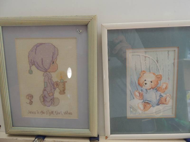 lot 83 image: 2 pieces Mauk, Barbara Lithography Teddy Bear F 11x9 and needlepoint precious Moments Jesus is the Light F 11 x 912