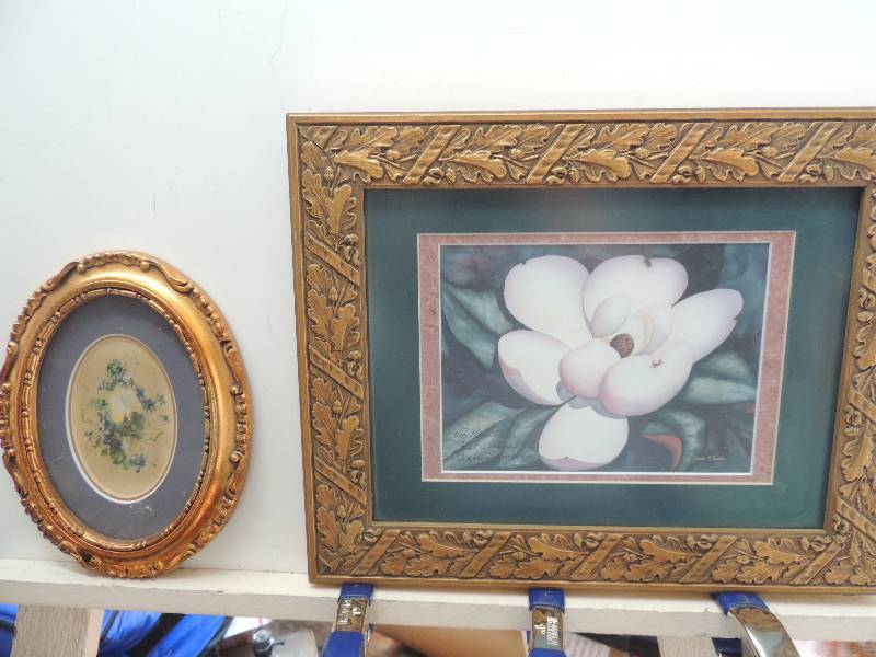 lot 91 image: 2 pieces Artist unknown print Church and floral F 9x7 and Sumbler, Janis Magnolia F 12x15 personalized to Paula