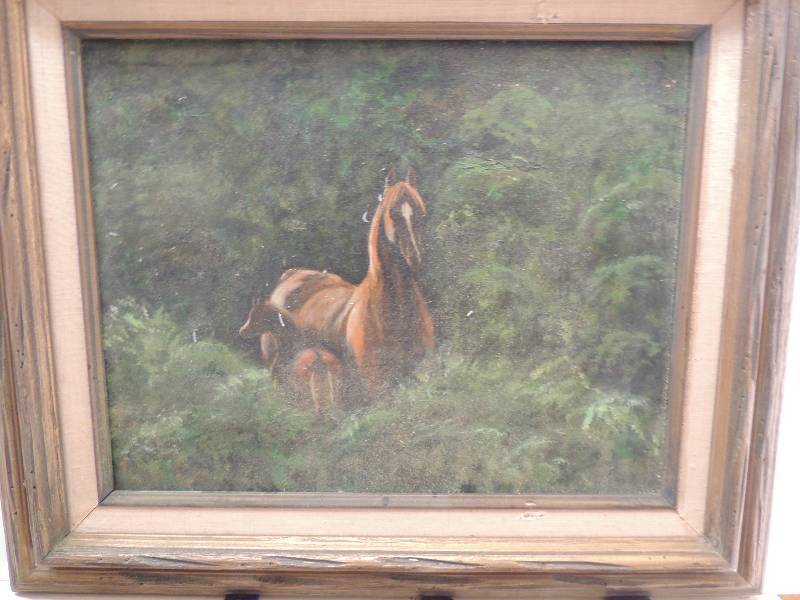lot 93 image: Artist Unknown original oil on hardboard Mare and Foal F 16 x19